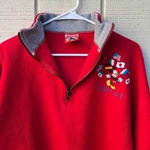 VTG Epcot Mickey Mouse World Flags Red Quarter Zip Sweater/Pullover Disney